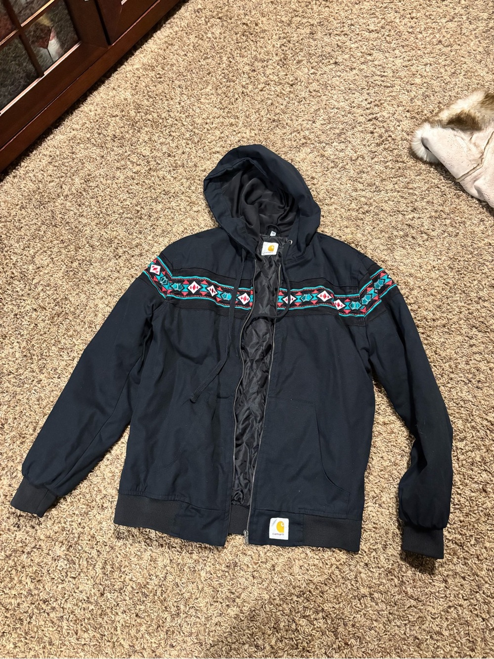 Carhartt Black Hooded Jacket with Teal & Red Southwestern Stripe